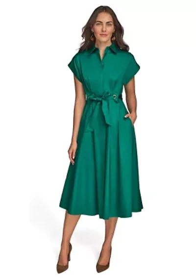 Women's Short Sleeve Collar Maxi Belted Dress