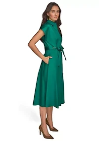 Women's Short Sleeve Collar Maxi Belted Dress