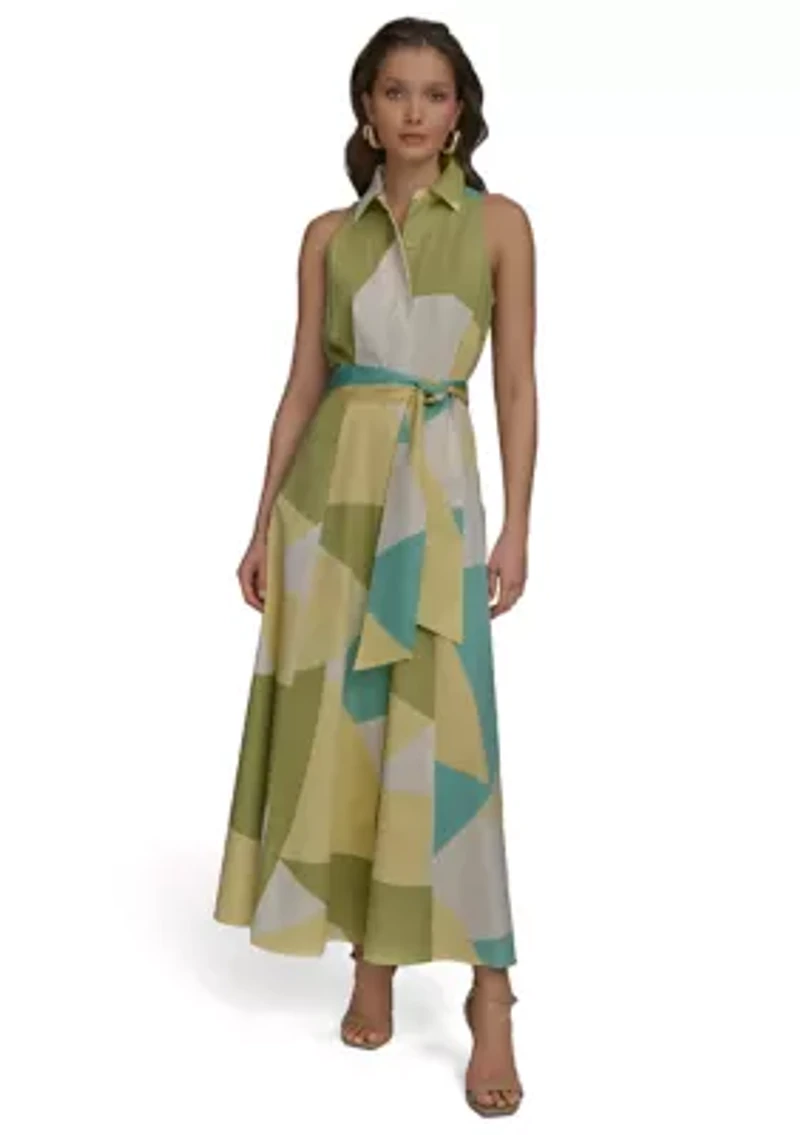 Women's Sleeveless Collar Geometric Print Belted Maxi Dress