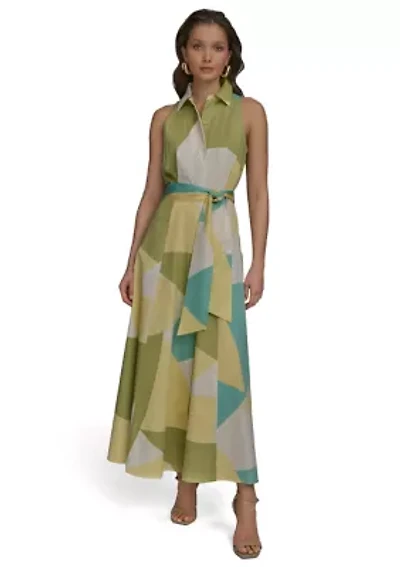 Women's Sleeveless Collar Geometric Print Belted Maxi Dress