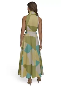 Women's Sleeveless Collar Geometric Print Belted Maxi Dress