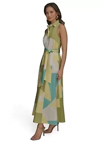 Women's Sleeveless Collar Geometric Print Belted Maxi Dress