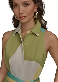 Women's Sleeveless Collar Geometric Print Belted Maxi Dress