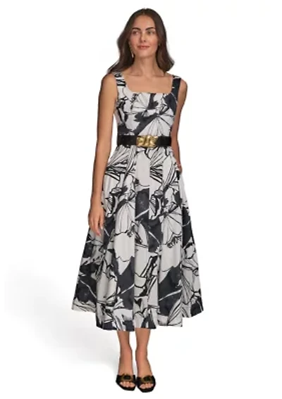 Women's Sleeveless Square Neck Floral Print Belted Midi Dress