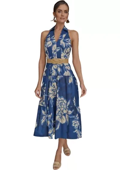 Women's Sleeveless Halter Neck Floral Print Midi Dress