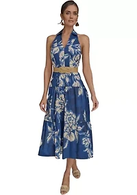 Women's Sleeveless Halter Neck Floral Print Midi Dress