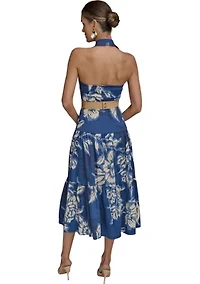 Women's Sleeveless Halter Neck Floral Print Midi Dress