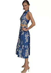 Women's Sleeveless Halter Neck Floral Print Midi Dress
