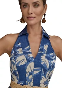 Women's Sleeveless Halter Neck Floral Print Midi Dress