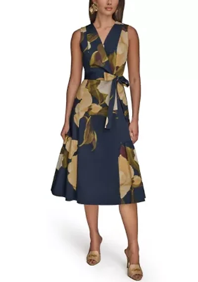 Women's Sleeveless V-Neck Floral Print Satin Midi Dress