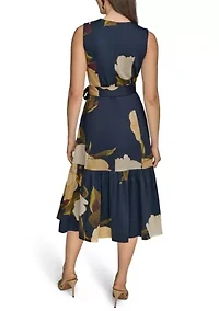 Women's Sleeveless V-Neck Floral Print Satin Midi Dress