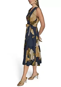 Women's Sleeveless V-Neck Floral Print Satin Midi Dress