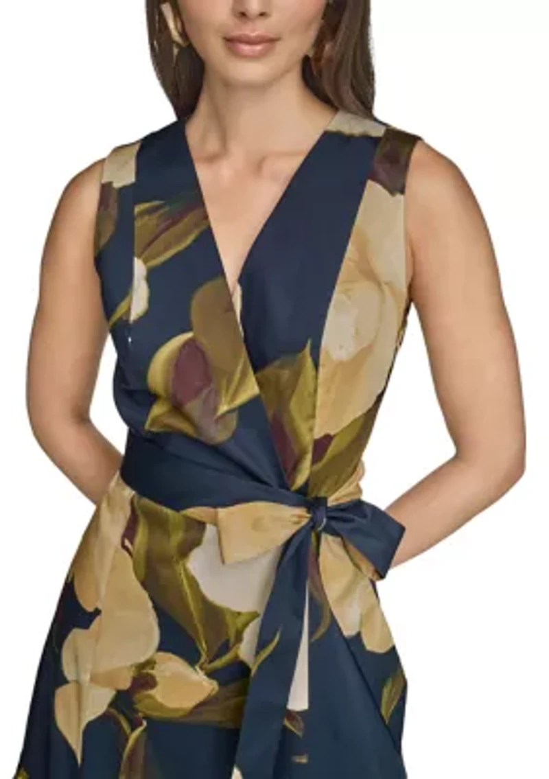 Women's Sleeveless V-Neck Floral Print Satin Midi Dress