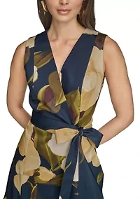 Women's Sleeveless V-Neck Floral Print Satin Midi Dress