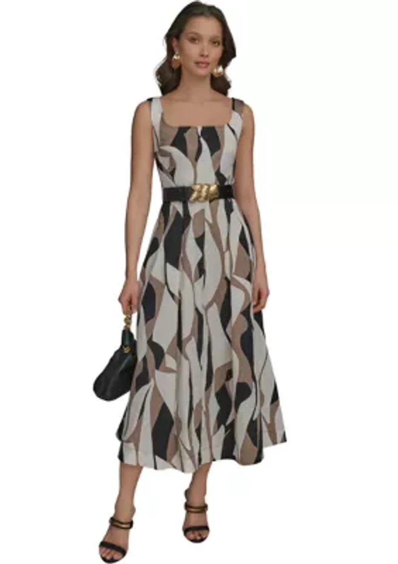 Women's Sleeveless Square Neck Abstract Print Maxi Dress