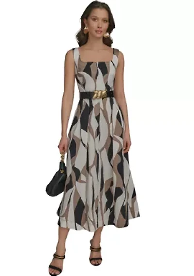 Women's Sleeveless Square Neck Abstract Print Maxi Dress