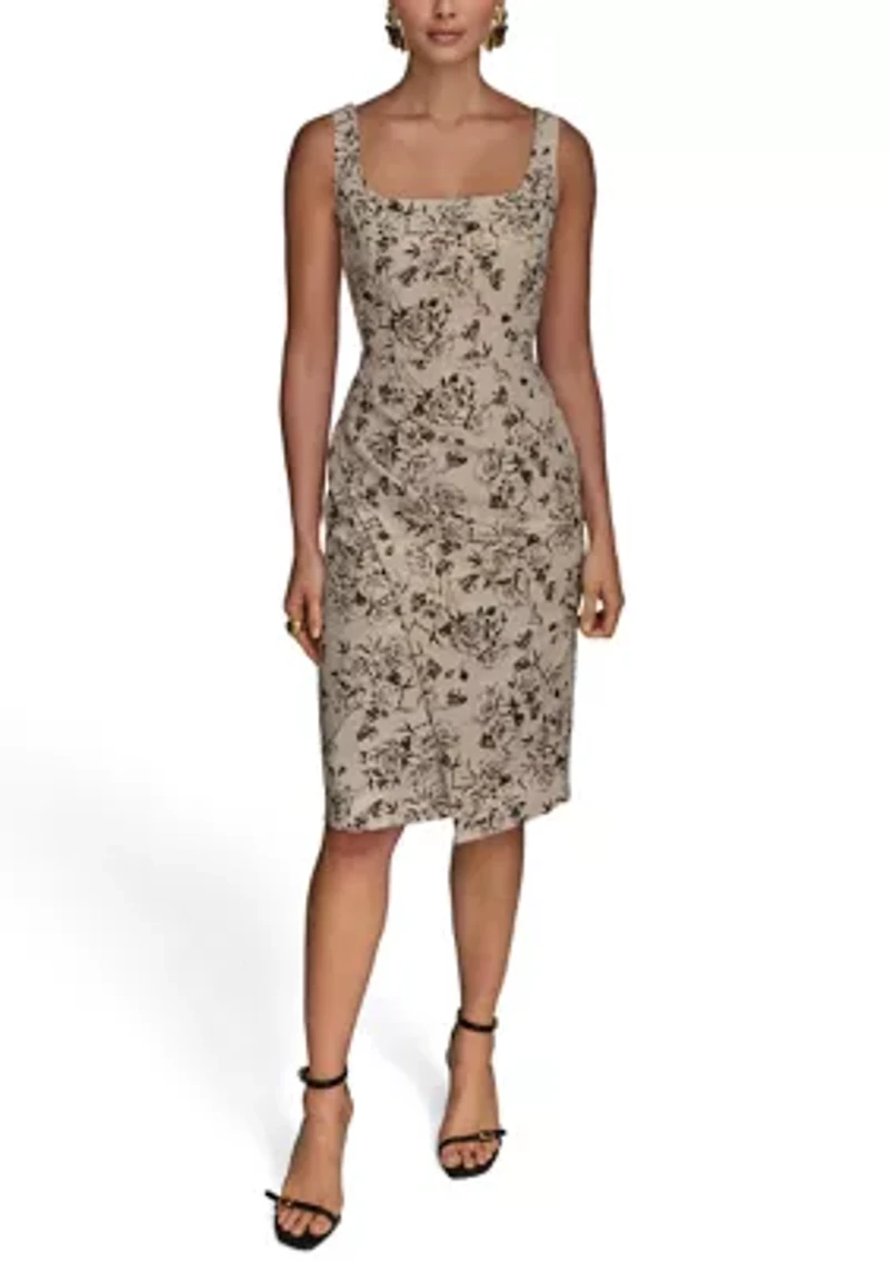 Women's Sleeveless Square Neck Printed Scuba Sheath Dress