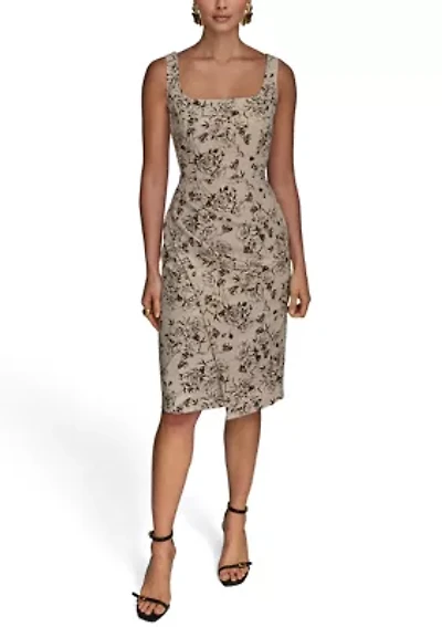 Women's Sleeveless Square Neck Printed Scuba Sheath Dress