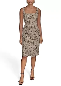 Women's Sleeveless Square Neck Printed Scuba Sheath Dress