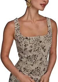 Women's Sleeveless Square Neck Printed Scuba Sheath Dress