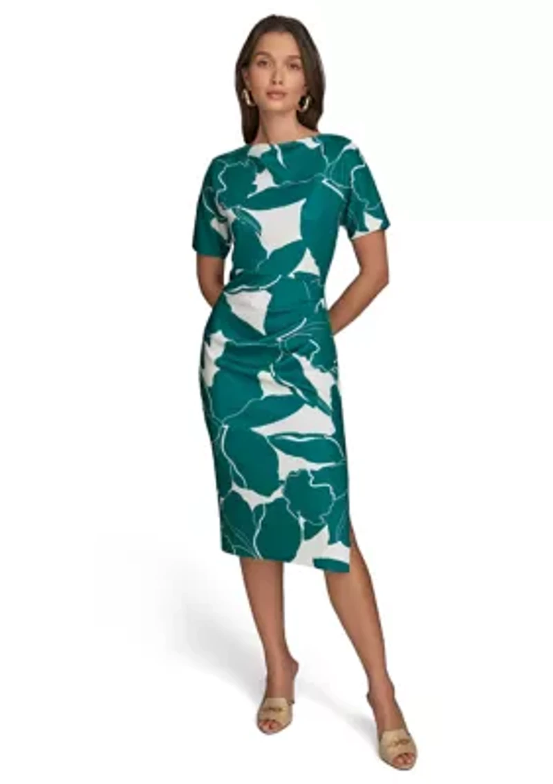 Women's Short Sleeve Floral Crew Neck Sheath Dress