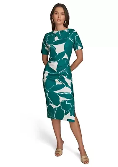 Women's Short Sleeve Floral Crew Neck Sheath Dress