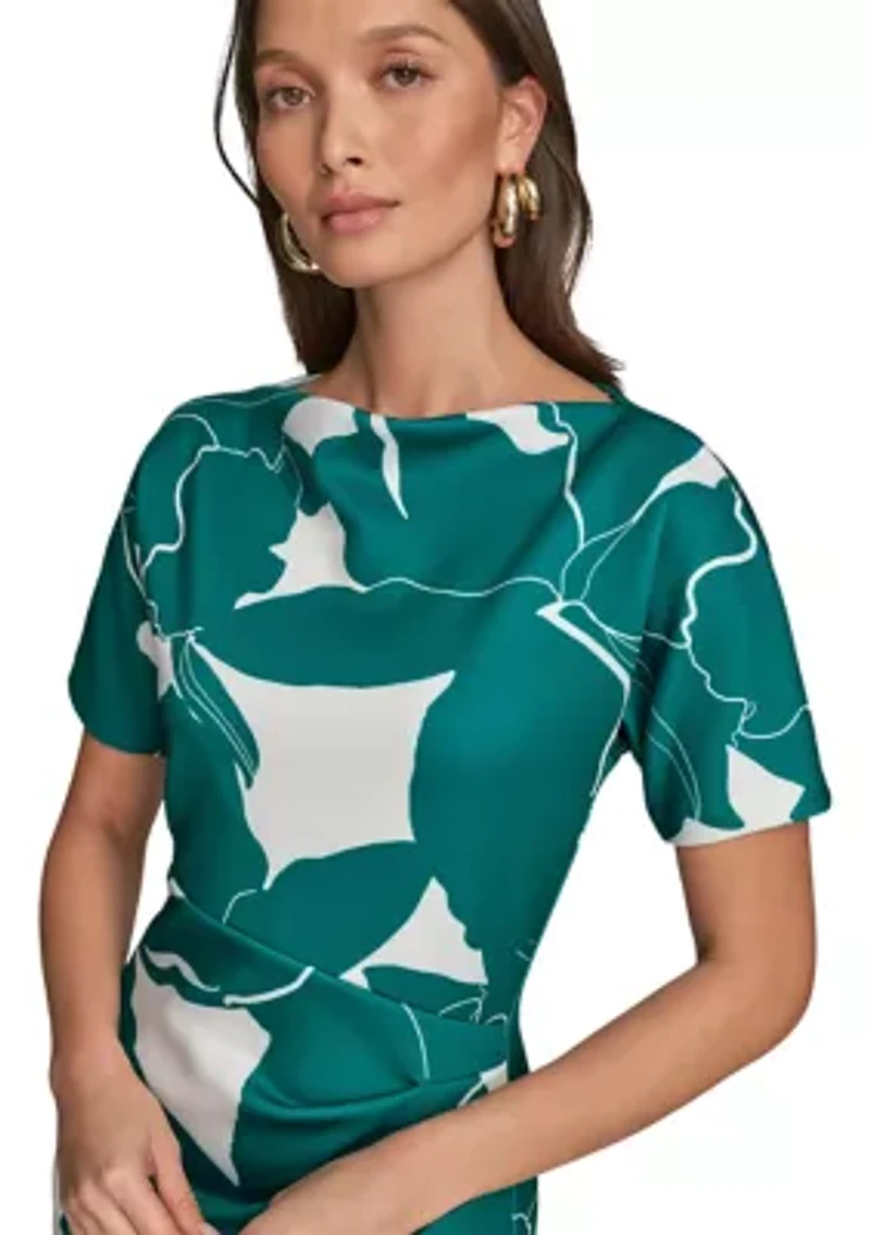 Women's Short Sleeve Floral Crew Neck Sheath Dress