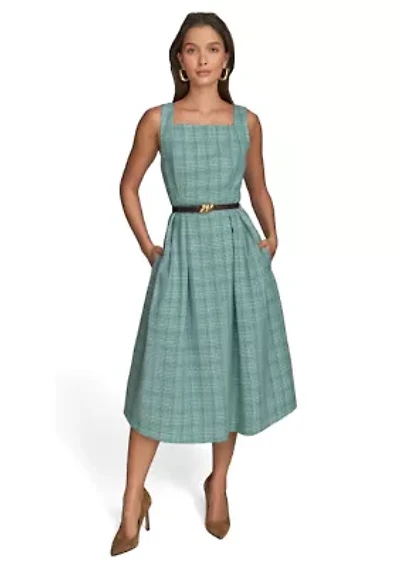 Women's Sleeveless Square Neck Printed Tweed Fit and Flare Dress