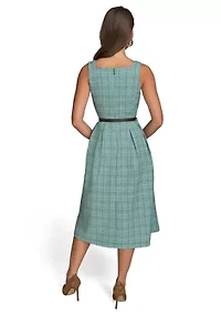 Women's Sleeveless Square Neck Printed Tweed Fit and Flare Dress