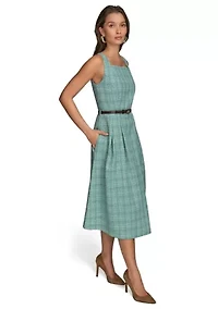 Women's Sleeveless Square Neck Printed Tweed Fit and Flare Dress
