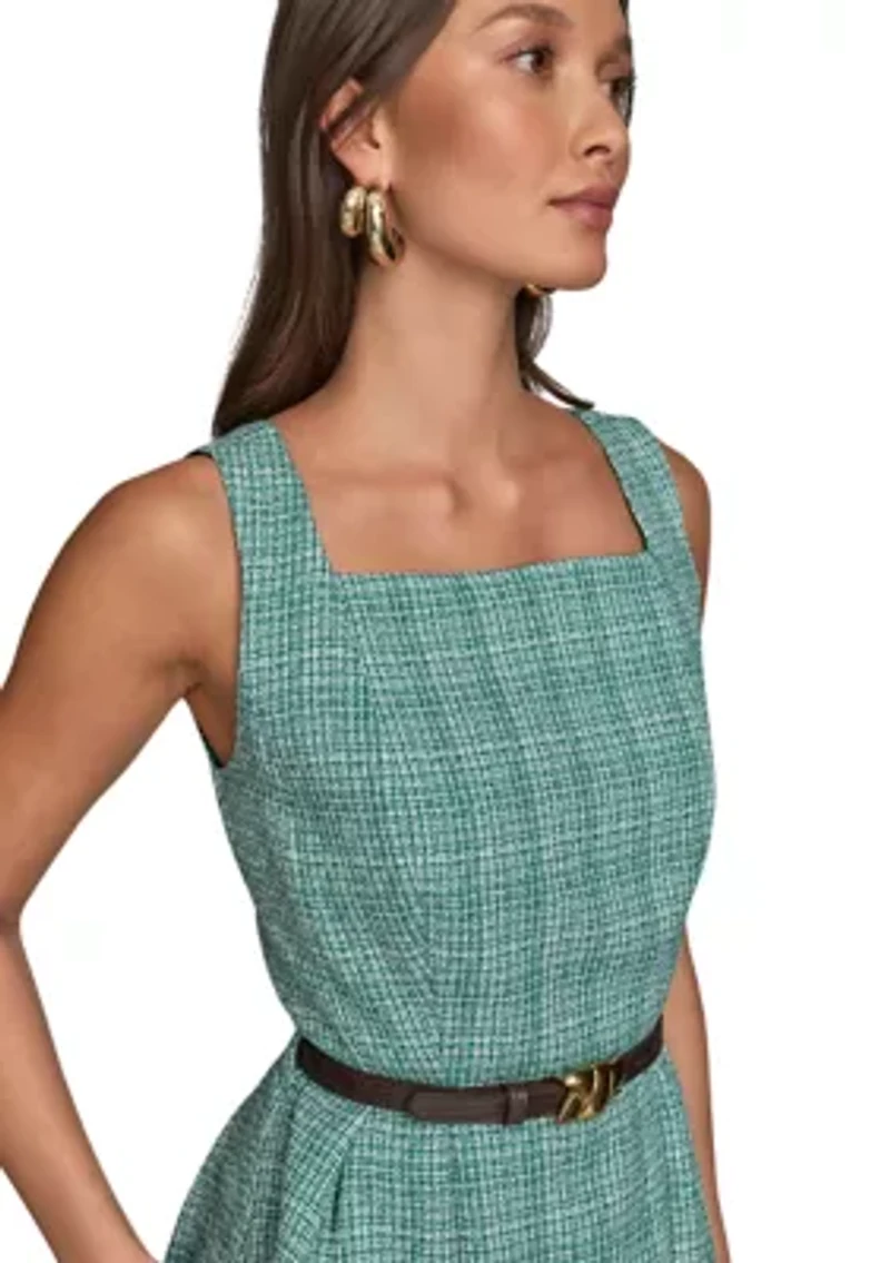 Women's Sleeveless Square Neck Printed Tweed Fit and Flare Dress