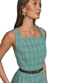 Women's Sleeveless Square Neck Printed Tweed Fit and Flare Dress