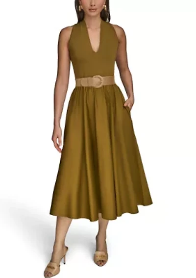 Women's Sleeveless Split Neck Belted  Midi Dress