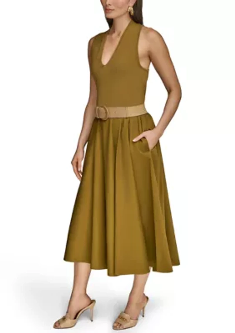Women's Sleeveless Split Neck Belted  Midi Dress