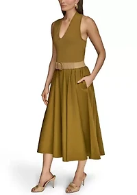 Women's Sleeveless Split Neck Belted  Midi Dress
