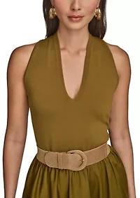 Women's Sleeveless Split Neck Belted  Midi Dress