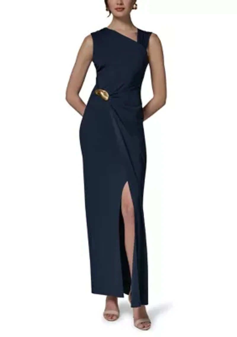 Women's Sleeveless Asymmetric Neck Dress with Hardware