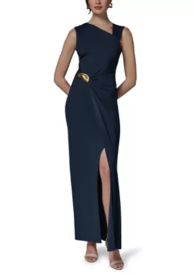 Women's Sleeveless Asymmetric Neck Dress with Hardware