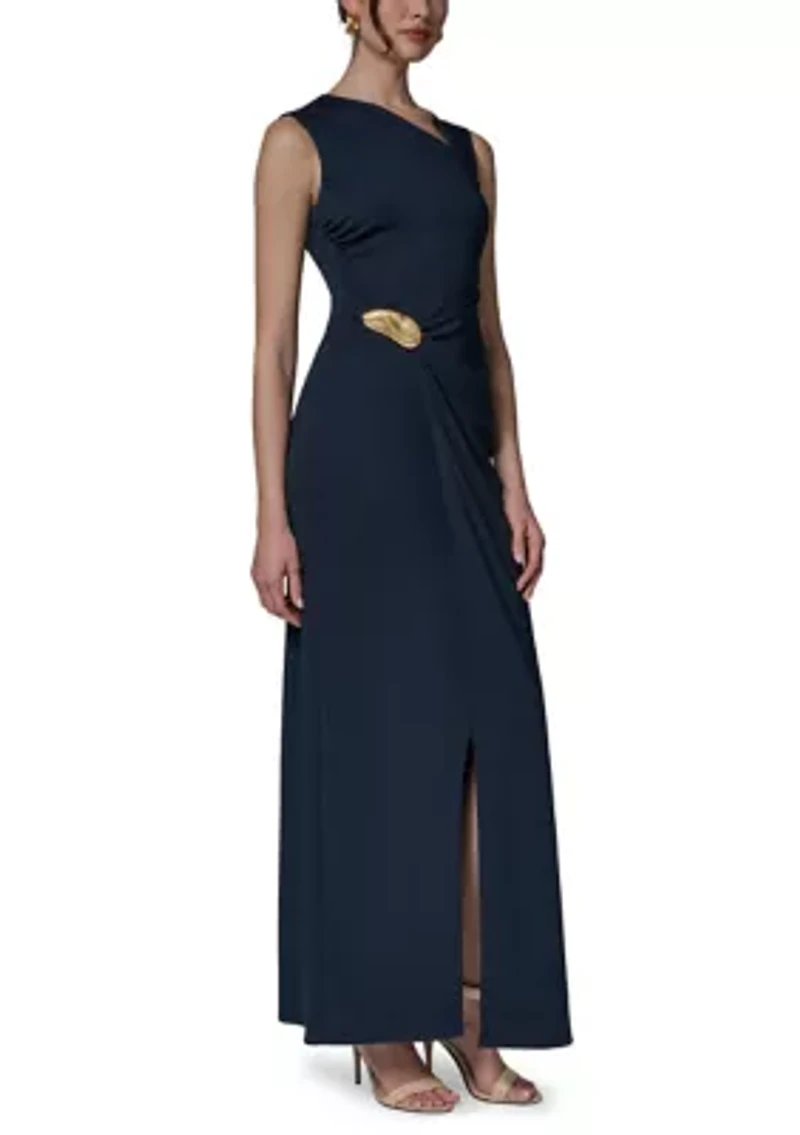 Women's Sleeveless Asymmetric Neck Dress with Hardware