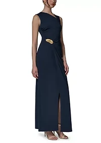 Women's Sleeveless Asymmetric Neck Dress with Hardware