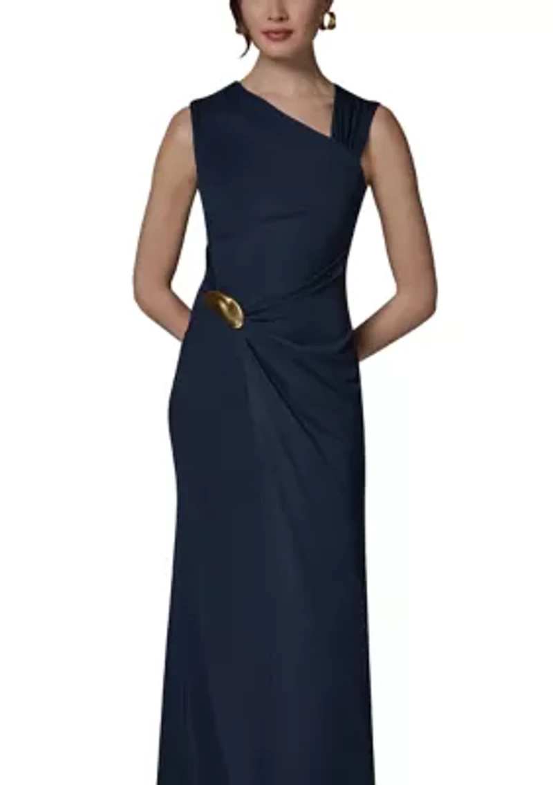 Women's Sleeveless Asymmetric Neck Dress with Hardware