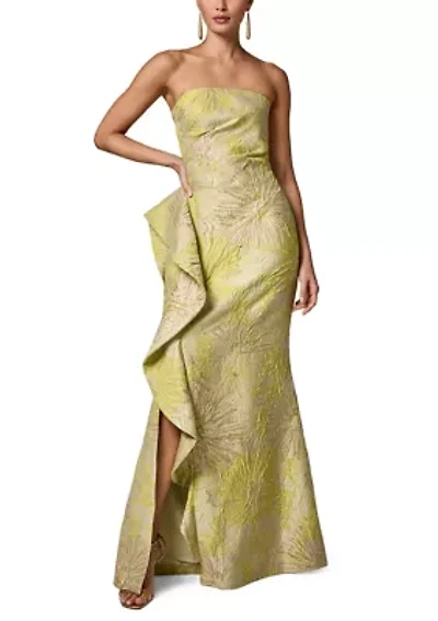 Women's Strapless Cascading Ruffle Jacquard Gown