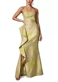 Women's Strapless Cascading Ruffle Jacquard Gown