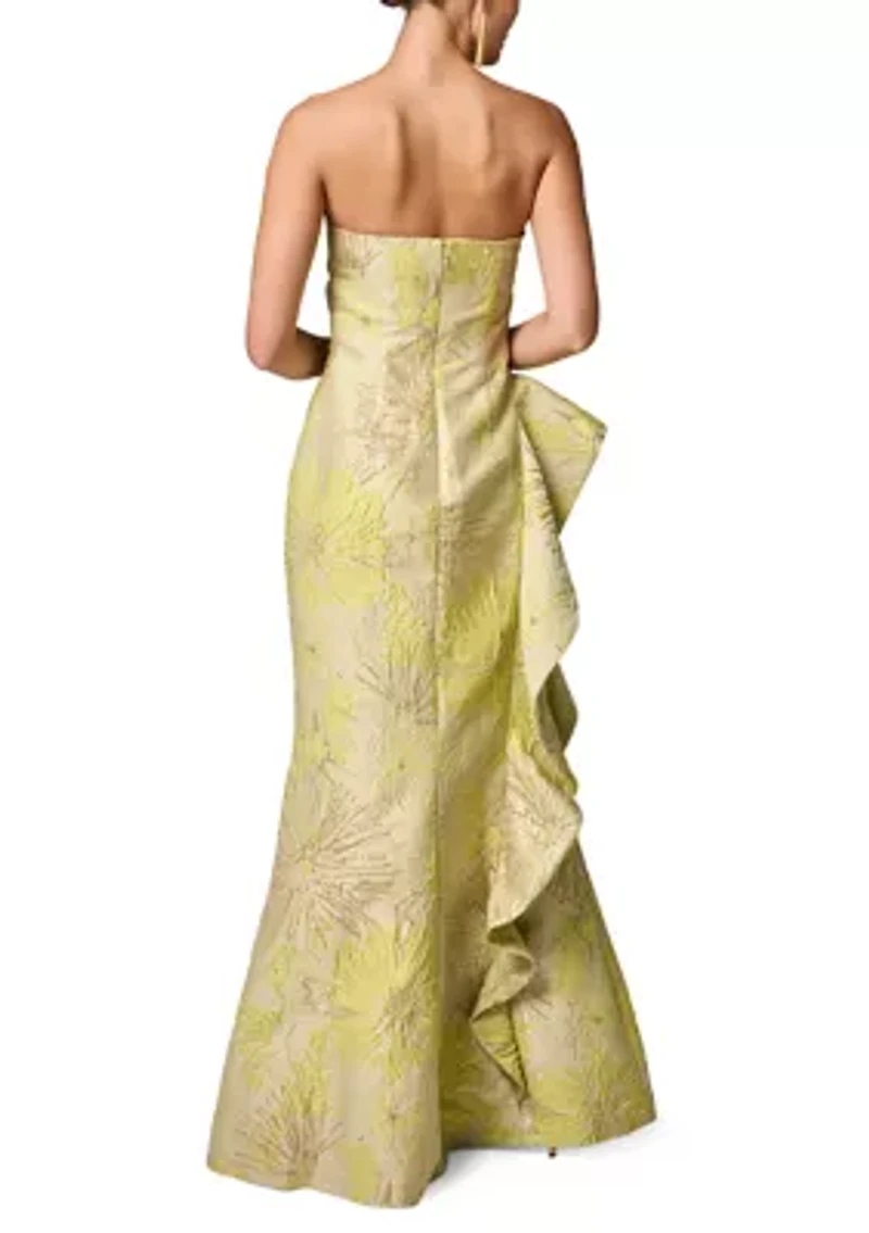 Women's Strapless Cascading Ruffle Jacquard Gown