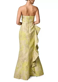 Women's Strapless Cascading Ruffle Jacquard Gown