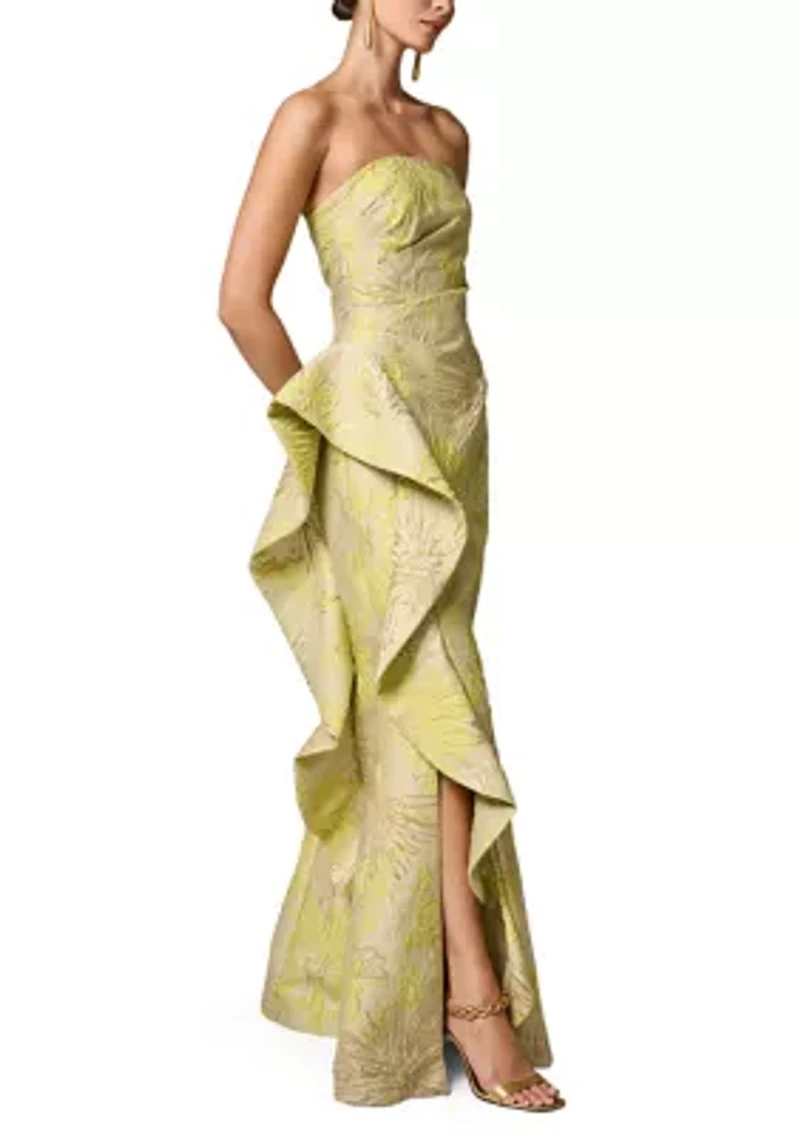 Women's Strapless Cascading Ruffle Jacquard Gown