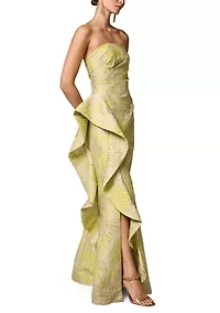 Women's Strapless Cascading Ruffle Jacquard Gown