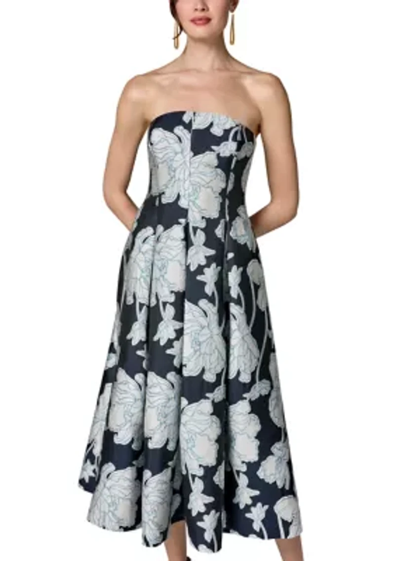 Women's Strapless Floral Tea Length Dress