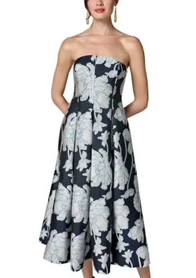 Women's Strapless Floral Tea Length Dress
