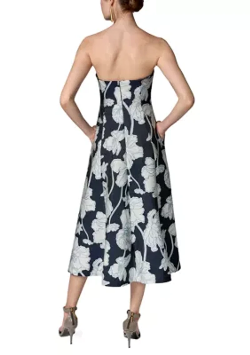 Women's Strapless Floral Tea Length Dress